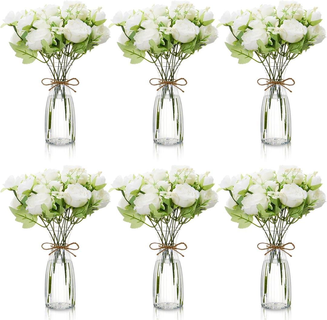 Thiccywoov 19 Pack Artificial Peony Flowers with Vase Bulk, 12 Bundles Faux Peony Bouquet 6 Vase with 1 Rope Silk Flower Arrangement Wedding Table Centerpiece for Wedding Bridal Shower(White)