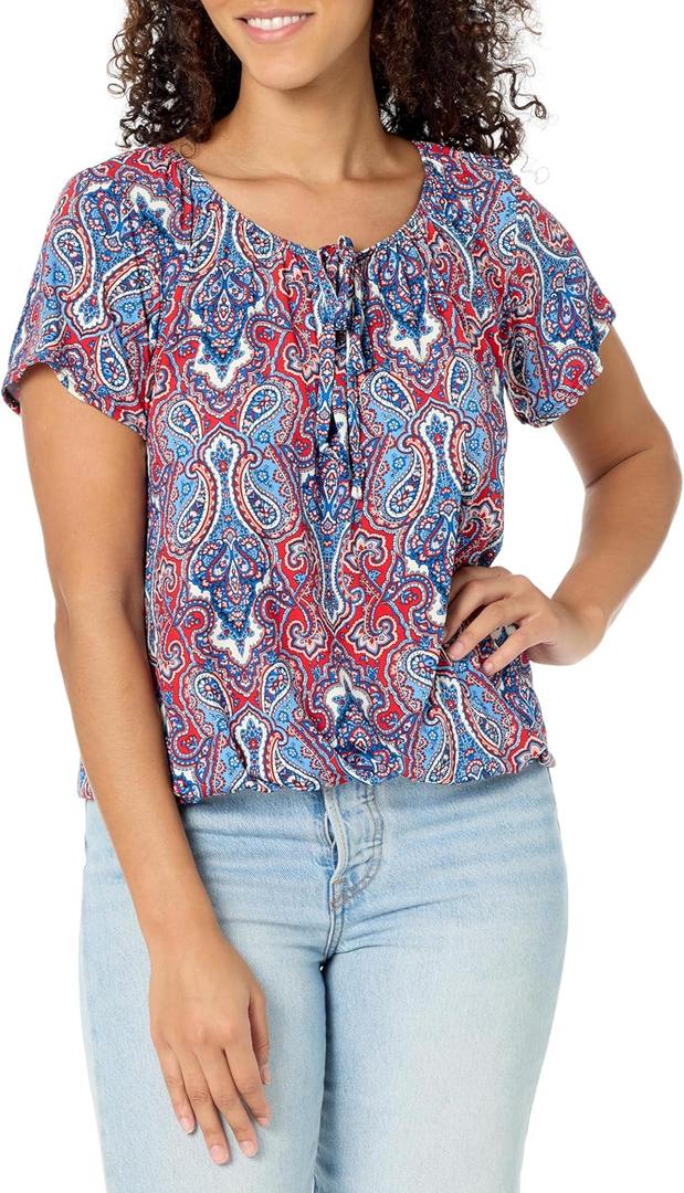 Star Vixen Women's Short Sleeve Peasant Top (Black/Royal/Coral)