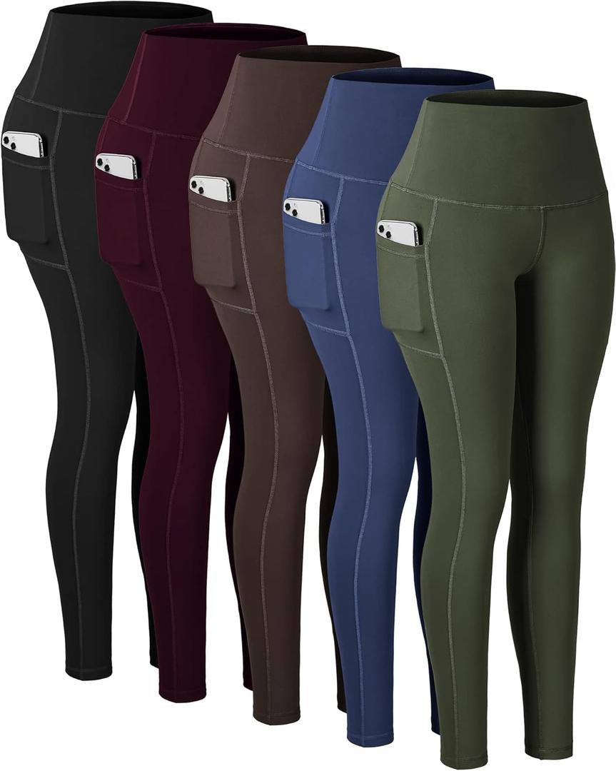 CHRLEISURE Leggings with Pockets for Women, High Waisted Tummy Control Workout Yoga Pants (XX-Large, 5 Packs - Black/Navy/Brown/Cassis/Army Green)