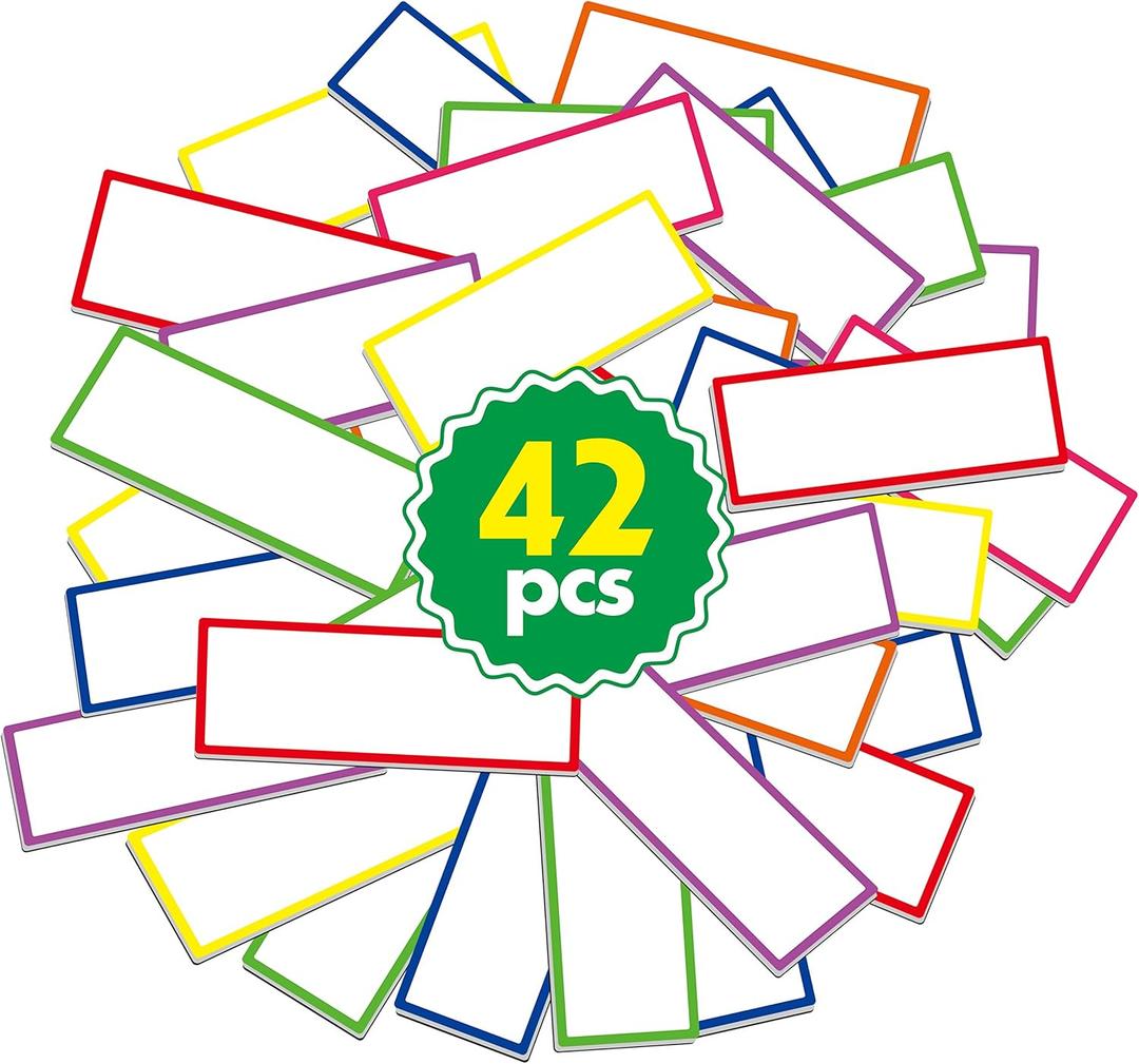 42 PCs Thickened Magnetic Dry Erase Reusable Name Tag Label Plate Neon Sticker in 7 Colors for Whiteboards Locker Fridge School Office Home (3.2" x 1.2" Each) (Colorful Thickening)