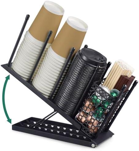 Cup and Lid Holder, Adjustable Coffee Cup Holder Organizer, 4 Compartment Disposable Cup Dispenser with Mesh Baske for Coffee Bar Accessories, Disposable Paper Cups, Plastic Cups, Lids