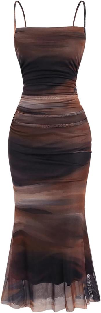 SOLY HUX Women's Tie Dye Ruched Bodycon Maxi Dress Sexy Mesh Sleeveless Cocktail Party Club Long Cami Dresses (Medium, Brown Multi)