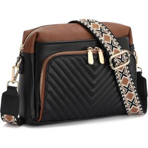 GAEKEAO Quilted Crossbody Bags for Women Vegan Leather Purses with Wide Strap,Women's Mudium Travel Purse Built in Wallet (A04 Black&brown)