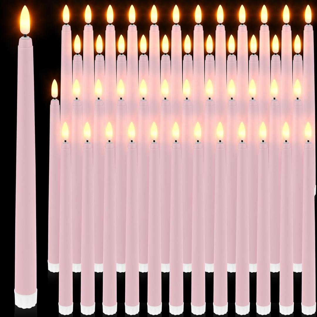 Handepo 48 Pack Flameless Taper Candles Realistic with Yellow Flickering Candlelights Plastic 11 Inch Last Long Battery Operated Window Candlestick for Halloween Christmas(Pink)