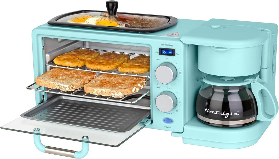 Nostalgia 3-in-1 Retro Breakfast Station - Includes 5 Cup Coffee Maker, Non-Stick Ceramic Griddle, and 4-Slice Toaster Oven - Built-In Timer, Reusable Coffee Filter, Space-Saving Design - Aqua