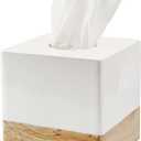 AuldHome Design Square Tissue Box Cover (Enamel/Mango Wood); Minimalist Scandinavian Decor White Cube Tissue Holder