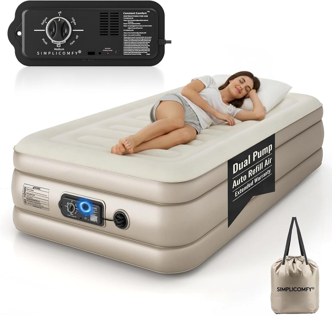 Simpli Comfy Twin Air Mattress with Built-in Patented Constant Comfort Dual Pump, 18" Raised Blow-up Colchon Inflable Mattress, Three Adjustable Firmness Settings, Self-monitoring Air Retention System