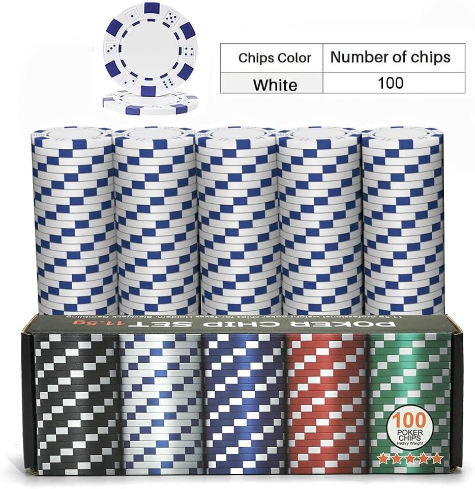 100PCS White Casino Poker Chips Set, 11.5 Gram Plastic Clay Blank Game Chips for Poker Card Games Texas Holdem Blackjack Gambling (with Gift Box)