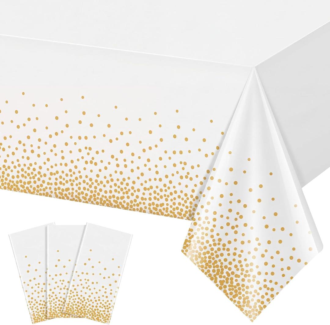 3 Pack White and Gold Tablecloth, 54" X 108" Gold Dot Plastic Table Cloths