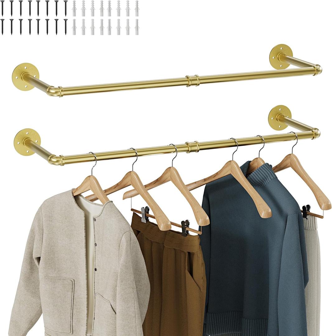 Wall Mounted Clothes Rack 2 Pack, Industrial Pipe Clothing Rack 28 Inch Gold, Wall Clothes Hanger for Bedroom, Cloakroom, Closet, Hallway, Boutique Display, Drying Racks Wall-Mount for Laundry