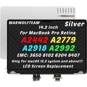 14.2inch Compatible with MacBook Pro A2442 A2779 A2918 A2992 Retina M1 M2 M3 2021 2023 EMC 3650 EMC 8102 EMC 8304 EMC 8407 3024 x 1964 LCD LED Screen Replacement Complete Assembly(Silver)