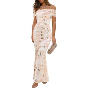 Wedding Guest Dresses for Women 2025 Floral Formal Cocktail Maxi Styles Off The Shoulder Stretch Sexy Bodycon Dress (Beige) XS
