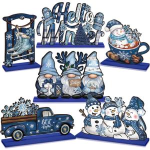 Realspring 6 Pcs Wooden Winter Table Decor Blue Winter Tiered Tray Decor Wood Decorative Gnome Snowman Truck Signs Hello Centerpieces for Kitchen Office Home