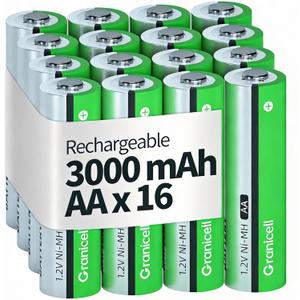 Granicell AA Rechargeable Batteries 3000 mAh High Capacity 1300 Cycle,1.2V NiMH Low Self Discharge AA Battery,16 Pack