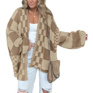 BTFBM Casual Cardigan Sweater for Women Fall 2026 Long Sleeve Open Front Chunky Knit Sweaters Checkered Outwear Coat (Small, Khaki)