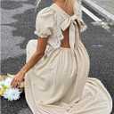 SHENHE Women's Lace Deep V Neck Puff Short Sleeve Tie Bow Backless A Line Flowy Maxi Dress (M)