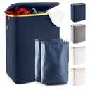 LONBET Laundry Basket with Lid, Made from Breathable Fabric | Aesthetic Clothes Hampers for Laundry with Side Handles & Sturdy Bamboo Frame (40 Gallons - Double, Blue)