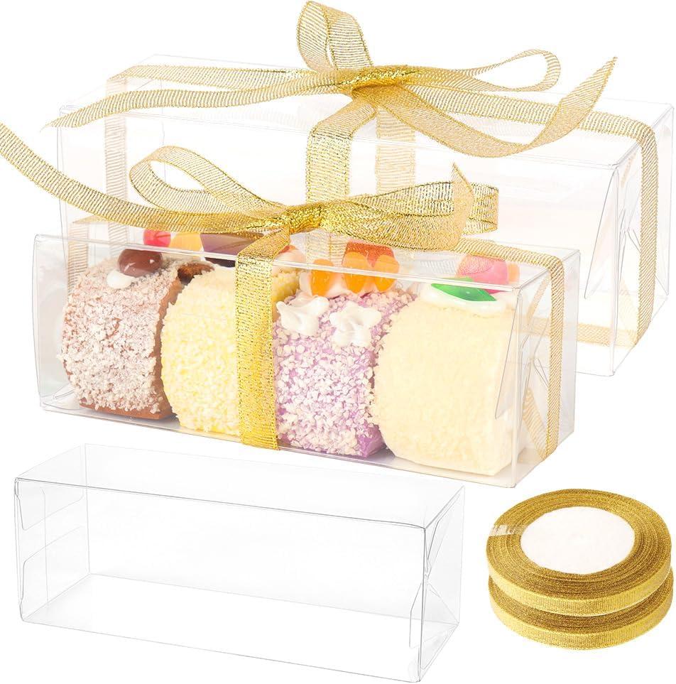 GTYOPR 36PCS 7x2.5x2.5inch Clear Favor Boxes, Plastic Party Favors Gift Box with Ribbons, Individual Candy Boxes Macaron Treat Cake Dessert