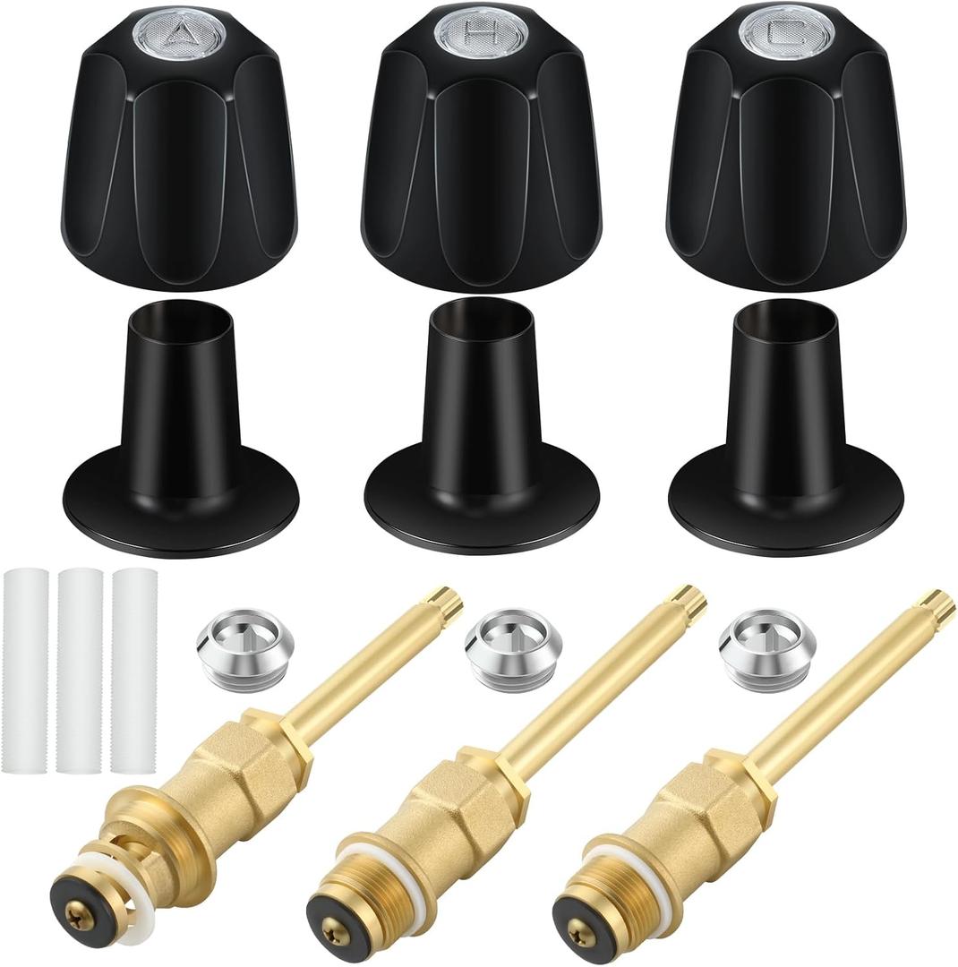 39619 Bathtub Matte Black Shower Knob 3 Piece Replacement Kit and Shower Stem for Price Pfister Verve, Shower Faucet Handle Rebuild Trim Kit, Includes 12H2H, 12H2C, 12H18D Stems, and Flange Base