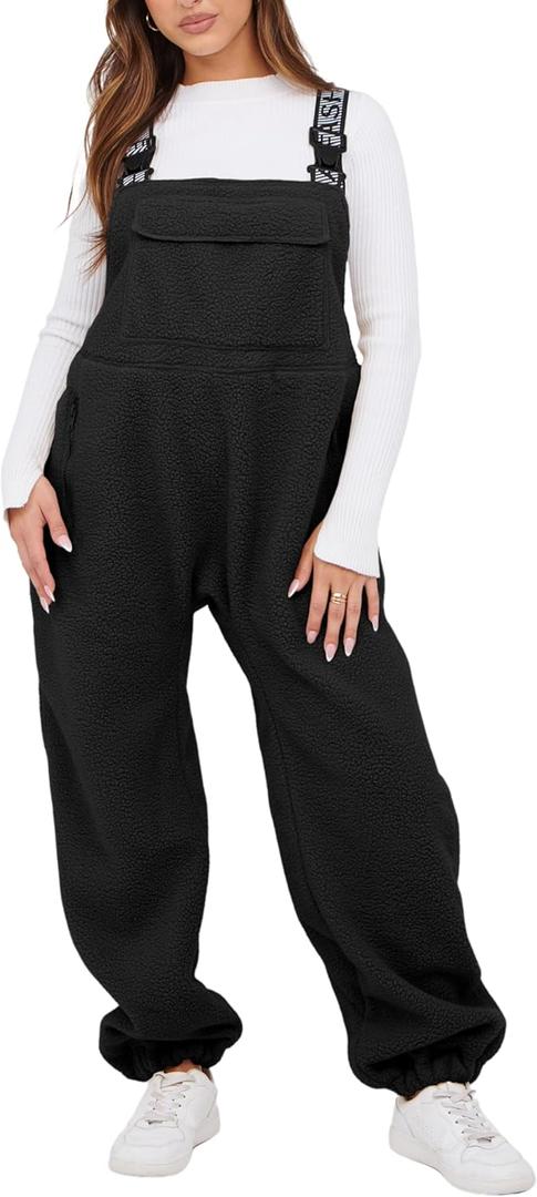 SeekMe Women's Fleece Overalls 2025 Warm Winter Casual Loose Jumpsuits Sherpa Bib Overalls Fuzzy Ski Pants with Pockets (Large, Black)
