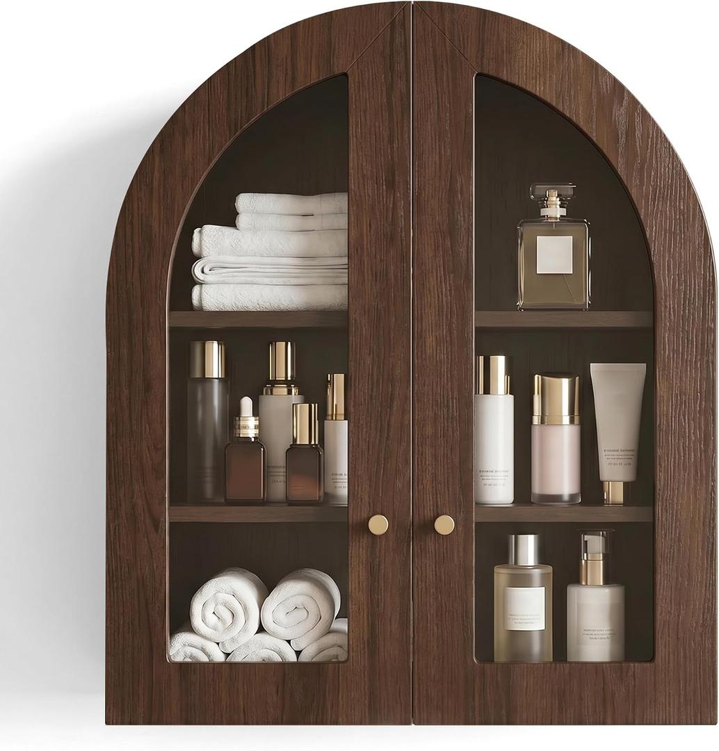Arched Wall Cabinet, Bathroom Cabinet Wall Mount with Glass Doors & Adjustable Shelf, Floating Medicine Cabinet for Bathroom, Kitchen, Living Room Storage, Walnut