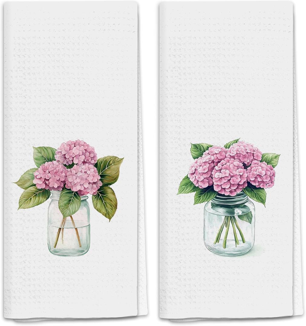 Elegant Pink Hydrangea Kitchen Towels, Rustic Hydrangea Floral Dish Tea Towels for Kitchen Decor, Cottagecore Flower Botanical Decorative Hand Towel for Bathroom, 16x24 Inch Set of 2
