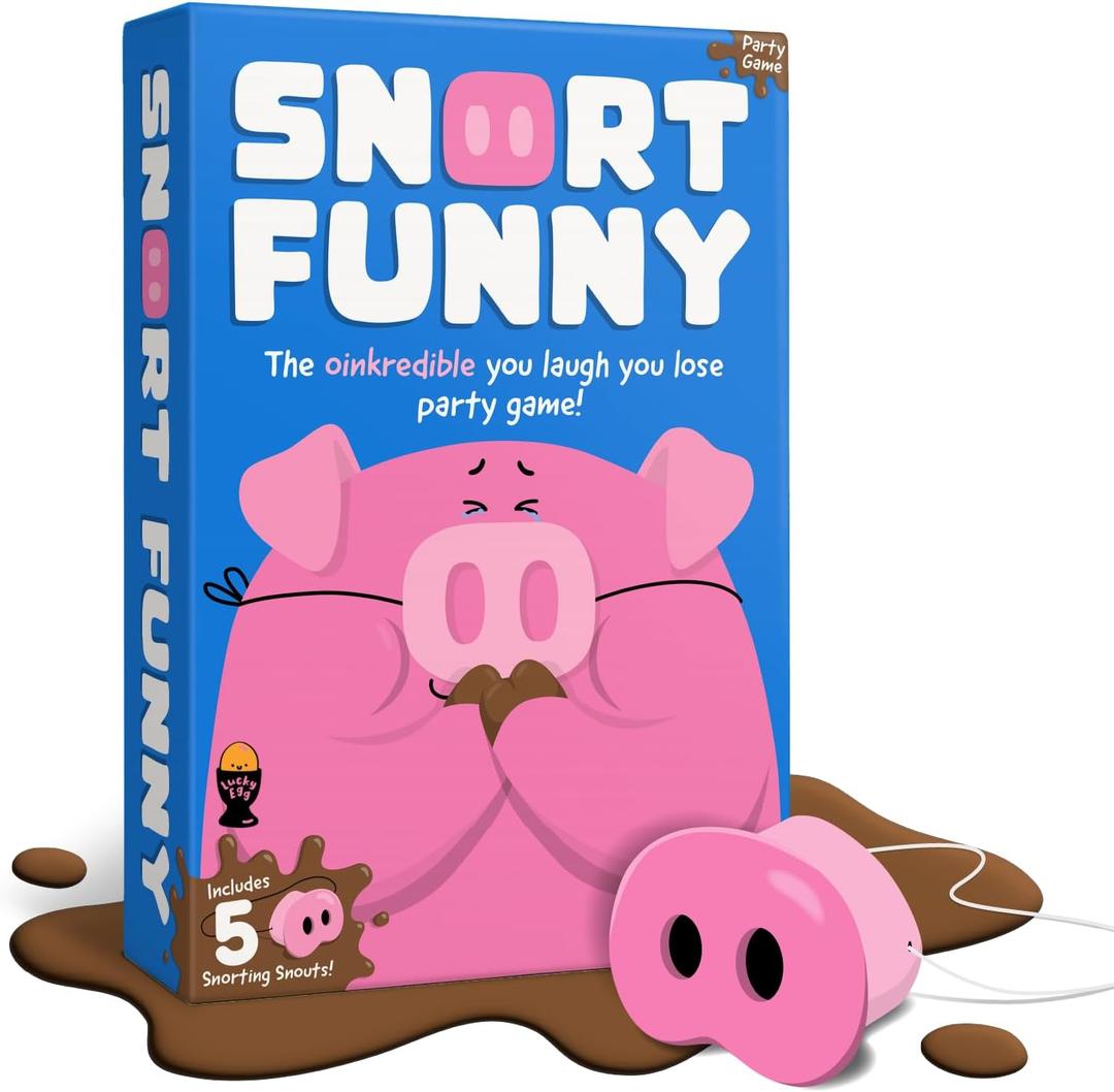 Snort Funny  The Oinkredible You Laugh You Lose Party Game, Family Games for Kids and Adults w/ 150 Challenge Cards, 5 Pig Snouts & Mud Tokens, Funny Games for Friend & Family, 4-8 Players, Ages 8+