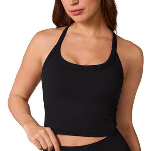 UNISSU Hugcurve Racerback Longline Sports Bra for Women Scoop Neck with Built in Bra Yoga Tank Crop Tops Padded Camisole (Medium, Black)