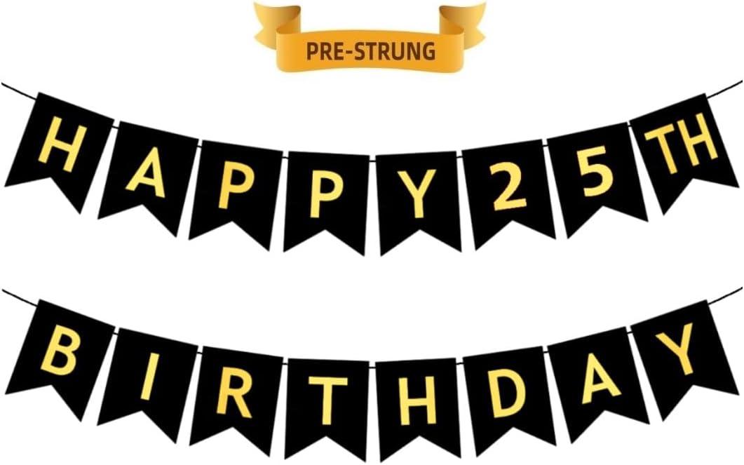 HAPPY 25TH BIRTHDAY Banner, Pre-Strung, Black Gold 25th Birthday Party Decorations, Happy 25 Year Old Bday Party Bunting, Twenty-five Birth Flag