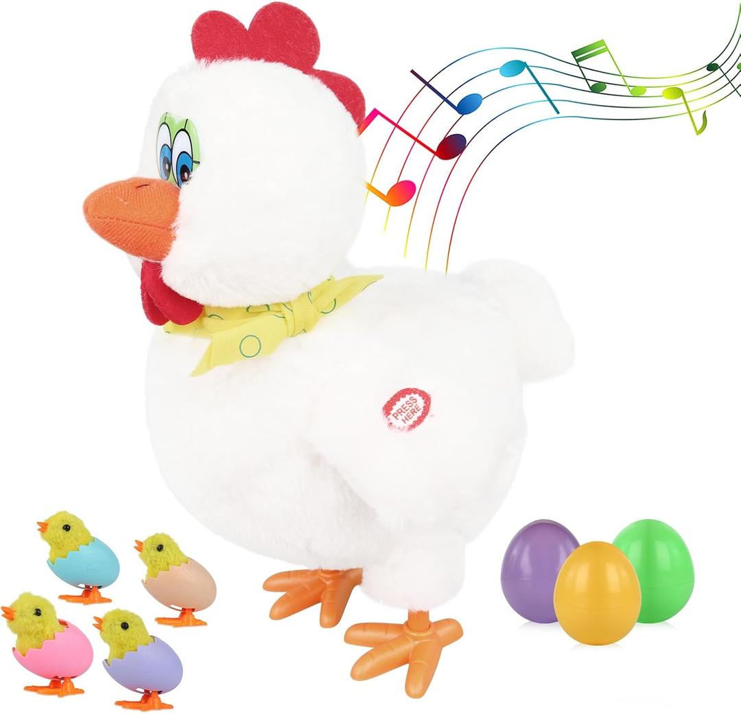 Plush Electric Stuffed Laying Egg Chicken Toy Doll with Sound Music Easter for Boys Girls (Baise01)