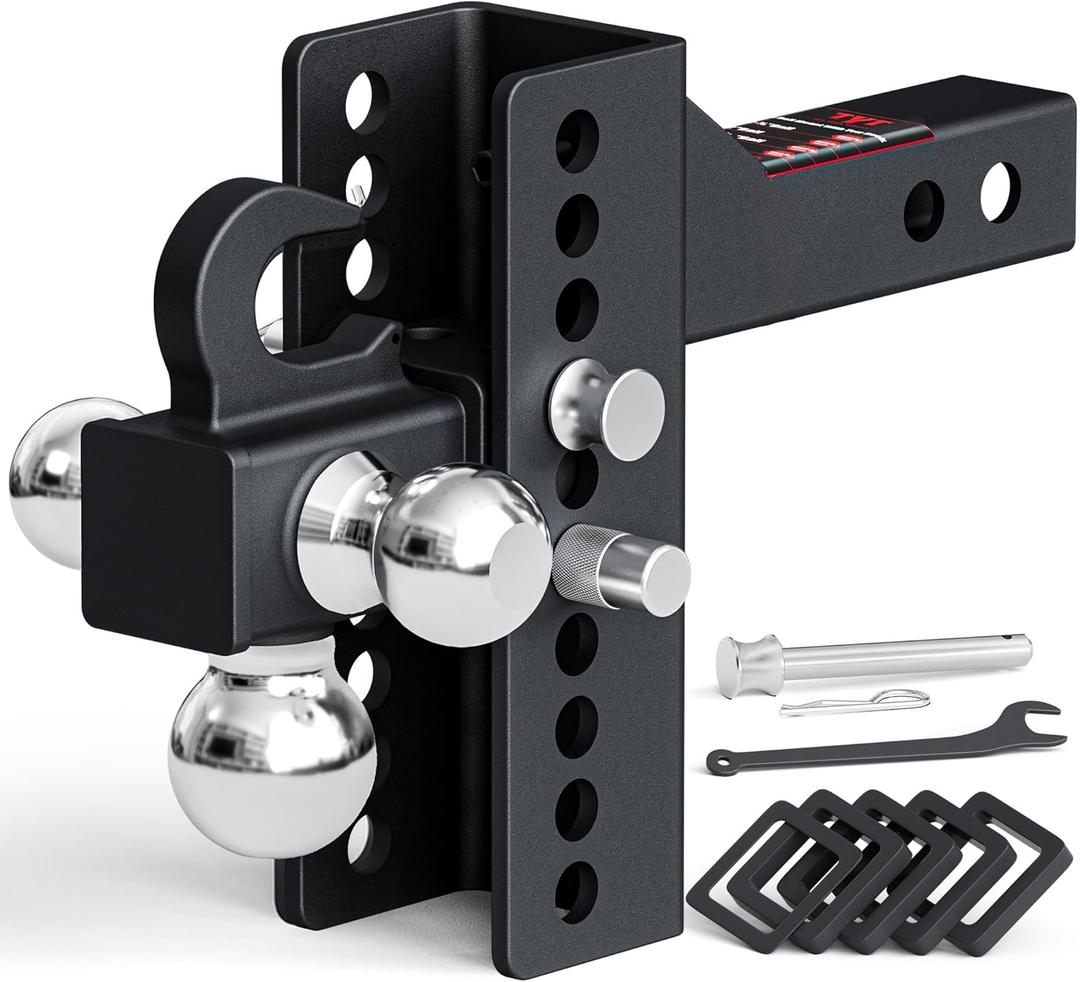 TYT Adjustable Tri-Ball Trailer Hitch with Tow Hook, Fits 2-Inch Receiver, 4.5-Inch Rise/Drop, Includes 1-7/8", 2", & 2-5/16" Balls, Heavy-Duty Design with Lock and Pins TYT Adjustable Tri-Ball Trailer Hitch with Tow Hook, Fits 2-Inch Receiver, 4.5-Inch Rise/Drop, Includes 1-7/8", 2", & 2-5/16" Balls, Heavy-Duty Design with Lock and Pins