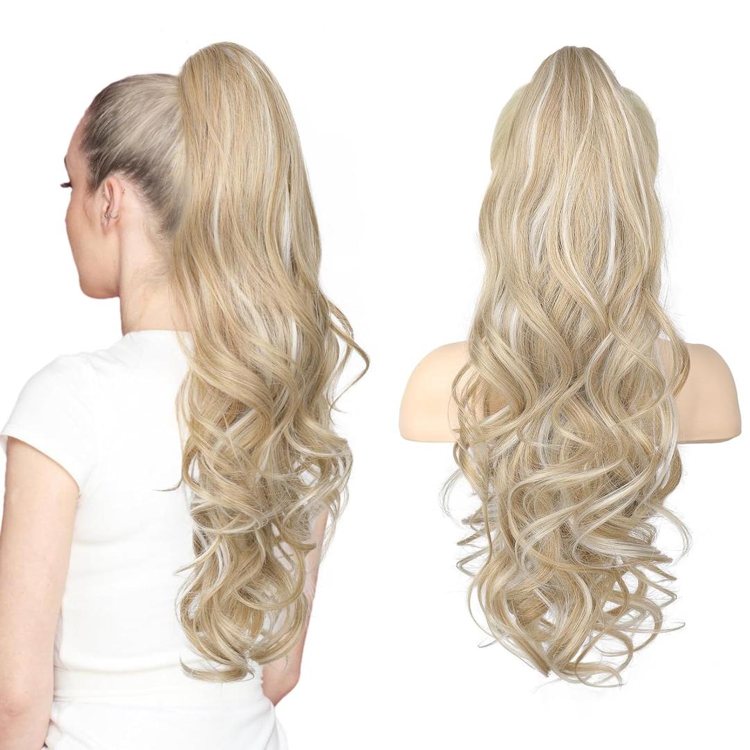 LONAI Claw Clip Ponytail Extension for Women 24 Inch Curly Wavy Clip in Ponytail Hair Extensions Pony Tail on Hair Piece (Light Blonde with White Blonde Highlight)