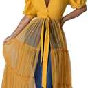 Ekaliy Women Sexy Short Sleeve Bodycon High Low Asymmetrical Ruffle Tunics Blouse Shirt Top Dress (Yellow, M)