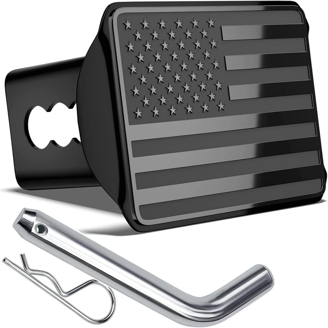 Heavy American Flag Metal Trailer Hitch Cover for 2 Inch Receivers (with Trailer Hitch Pin & Clip),Black