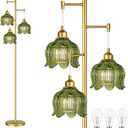 QIYIZM Gold Floor Lamp for Living Room,Bedroom,Mid Century Modern Standing Lamp Brass Tree 3 Light Tall Floor Lamps Vintage Retro Floor Lights Glass Green Flower Lamp Shade Farmhouse Boho Bohemian