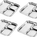 Satre Online and Marketing Square Plates Set of 4 Lunch Dinner Thali 3 Deep Compartments Stainless Steel