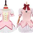 COLSA Women Girls Pink Dress Cosplay Costume Anime Uniform Skirt Halloween Outfits with Gloves Socks (Pink, M)