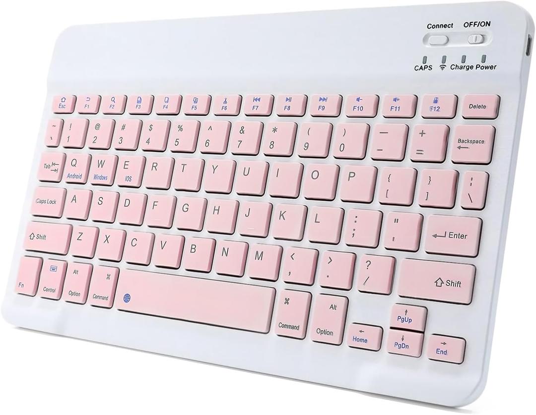 KUNSI Bluetooth Keyboard for iPad, Rechargeable Slim Portable Wireless Keyboard for iPad Tablets, Compatible for All iOS/Windows/Android System DevicesPink