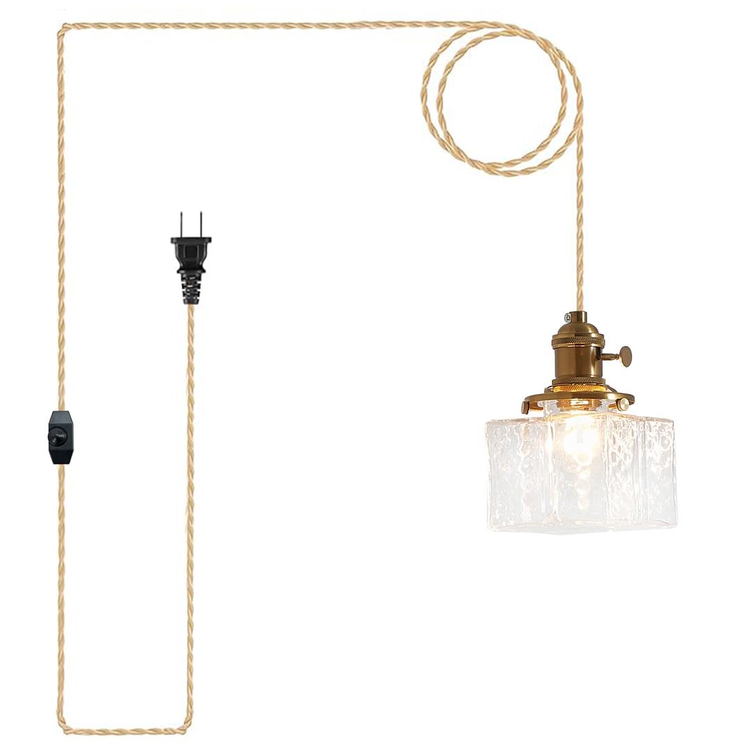 Plug in Pendant Light, Clear Cube Glass Shade Hanging Lamp, 14Ft Industrial Pendant Light for Basement, Dinning Room and Bedroom Minimalism Glass Pendant Lights Kitchen Island