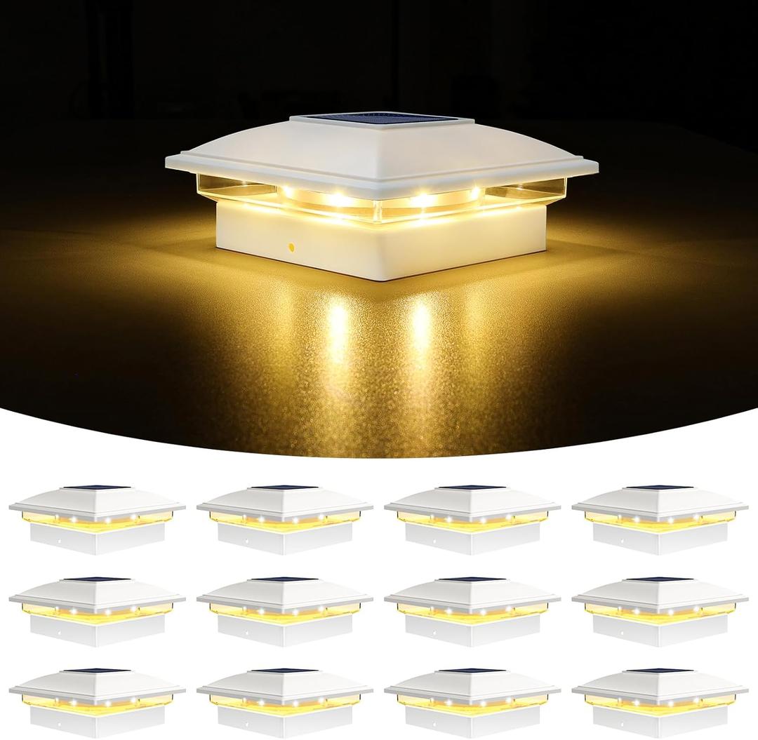 VOLISUN Solar Post Cap Light Outdoor Waterproof 12pack,Solar Fence - Post Lights for 4x4 5x5 6x6 Wooden/Vinyl Post,White Deck Cap Light Solar Powered with Warm White for Garden/Patio/Porch, Off-White, 12 Pack