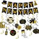 JOJO FLY New Years Eve Party Decorations Kit, Happy New Year Banner, Black and Gold Hanging Swirls for Happy New Year Decorations 2026, NYE Decorations 2026
