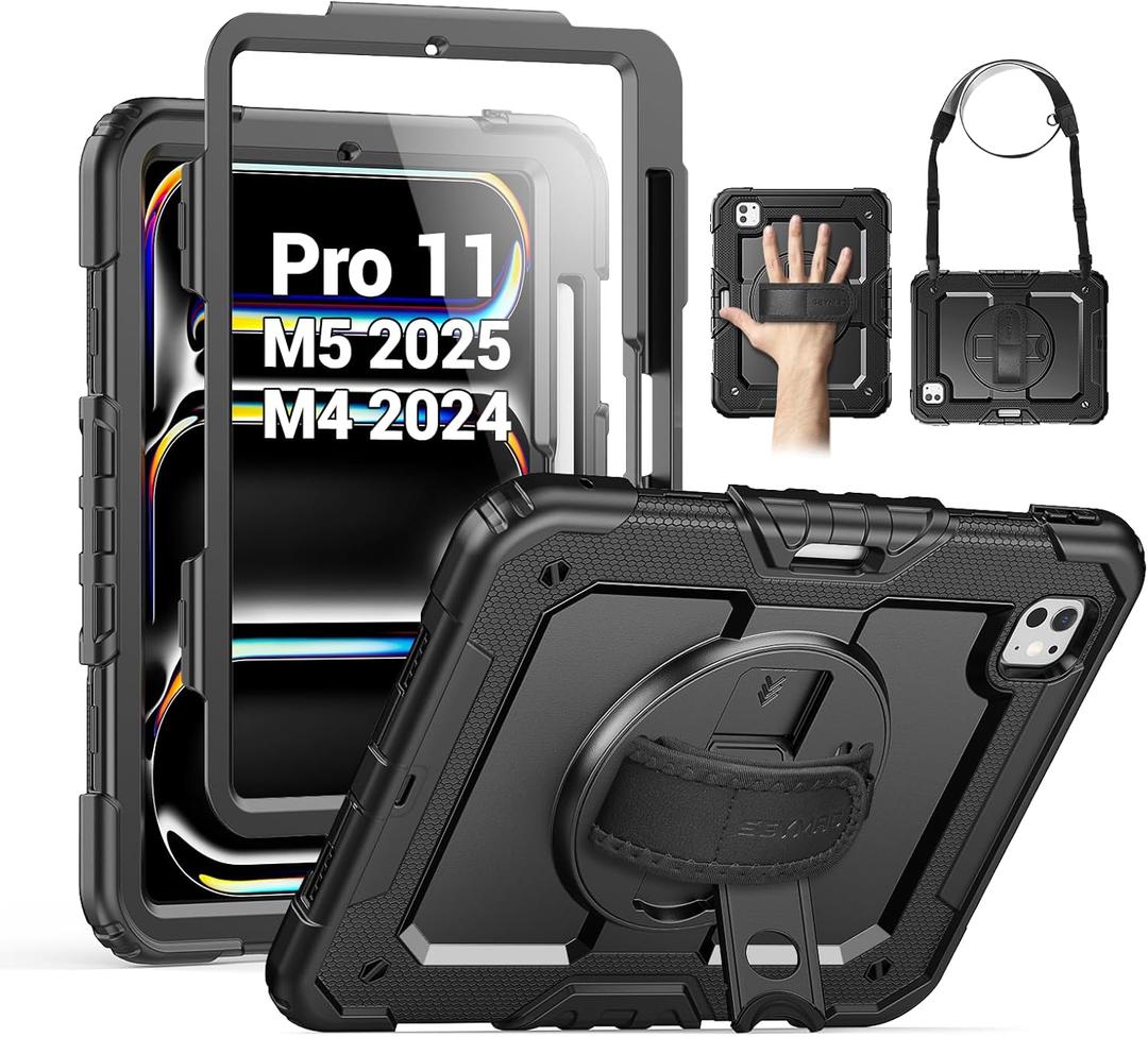 SEYMAC for iPad Pro 11 Inch Case M5 2025 / M4 2024, Heavy Duty Shockproof Protective Case with Screen Protector, 360 Rotating Stand, Hand/Shoulder Strap and Pen Holder, Black