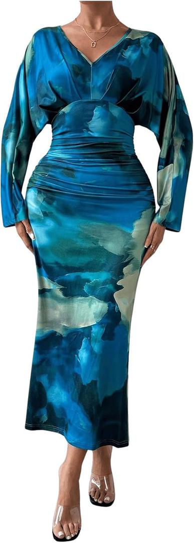 MakeMeChic Women's Tie Dye V Neck Ruched Dresses Dolman Sleeve Bodycon Slim Fitted Long Dress (Blue, XLarge)