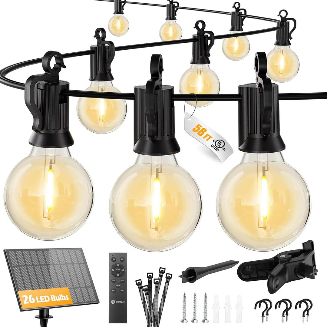 Brightown 58FT Solar String Lights Outdoor with Remote and 26 LED Shatterproof Bulbs, Dimmable & Timable, 3 Light Modes, Solar Patio String Lights Outdoor for Cafe, Garden, Deck, Outside Wedding