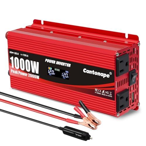 Cantonape 1000W Car Power Inverter DC 12V to 110V/120V AC Converter with LCD Display 2 AC Outlets 3.0A USB and Type-C Car Charger Adapter for Car Home Laptop Truck