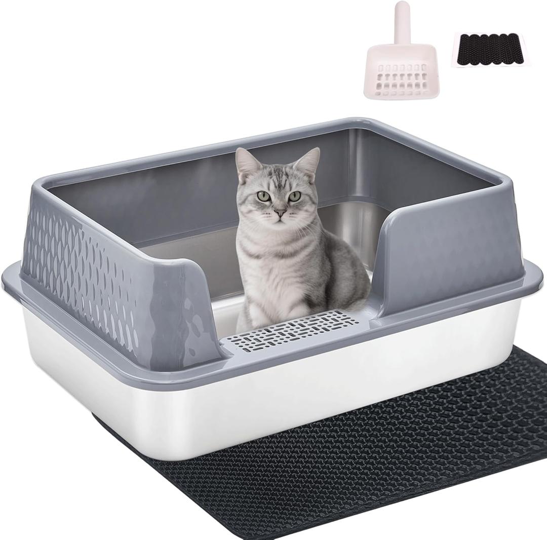 Stainless Steel Litter Box with Lid Cover Mats Scooper, Kitten Litter Box Low Entry, Suitable for Small Space Senior Cats, Side Entry, Grey Enclosure (Medium)