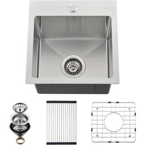 EcoChannels Drop In Kitchen Sink, 15 x 15 x 10 Inch 16 Gauge Single Bowl Topmount Wet Bar Sink T-304 Stainless Steel RV Kitchen Sinks