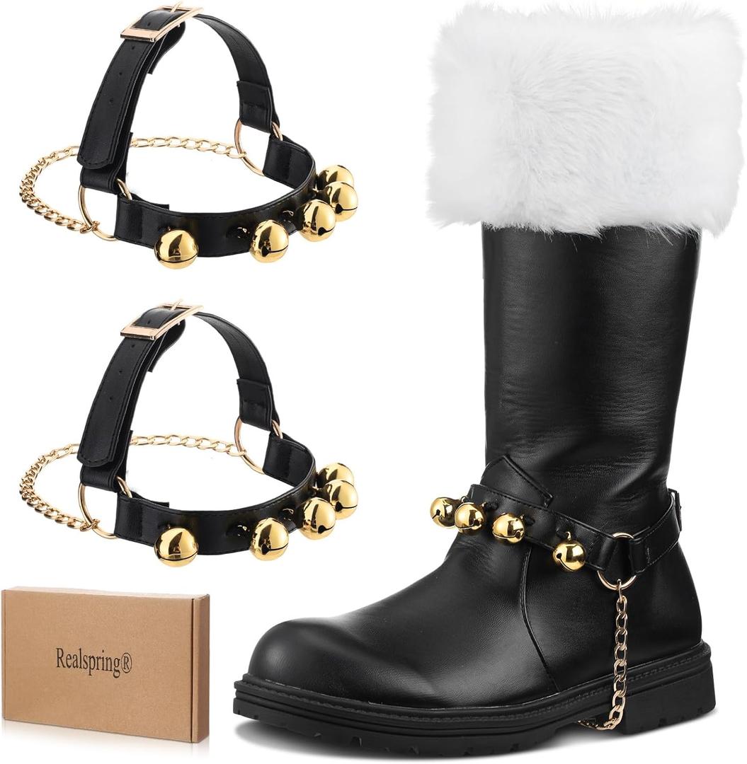 Realspring 2 Pcs Christmas Santa Claus Boots Brass Bells for Halloween Christmas Costume Black and Yellow
