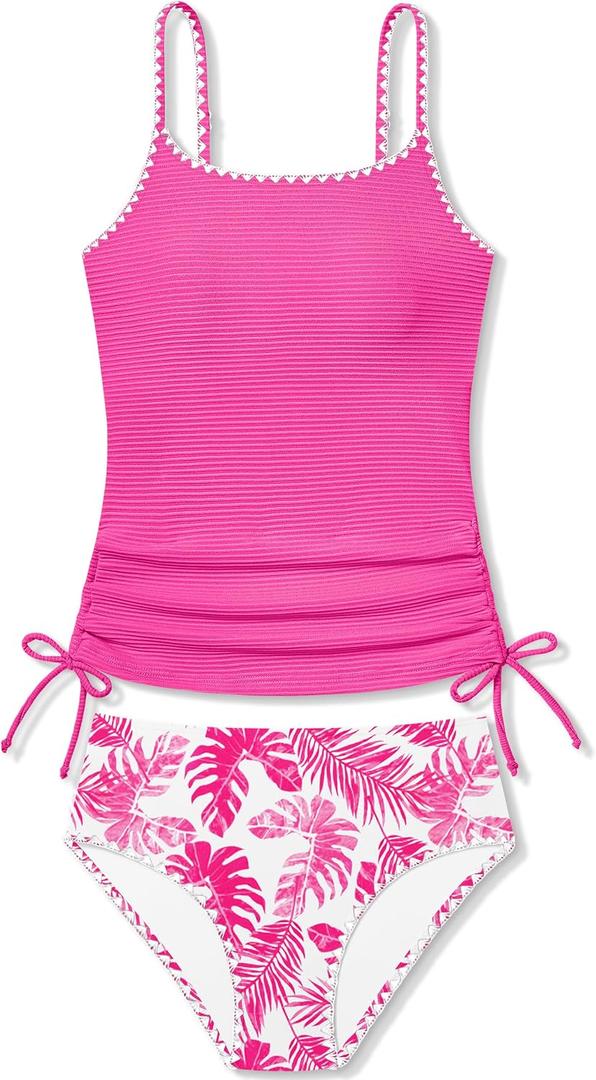 Girls Tankini Swimsuits Size 12-14 Teen Bathing Suits for Girl 12-14 Tropical Pink Leaf Unique Edge Swimwear with Drawstring + Swim Briefs 2 Piece Set