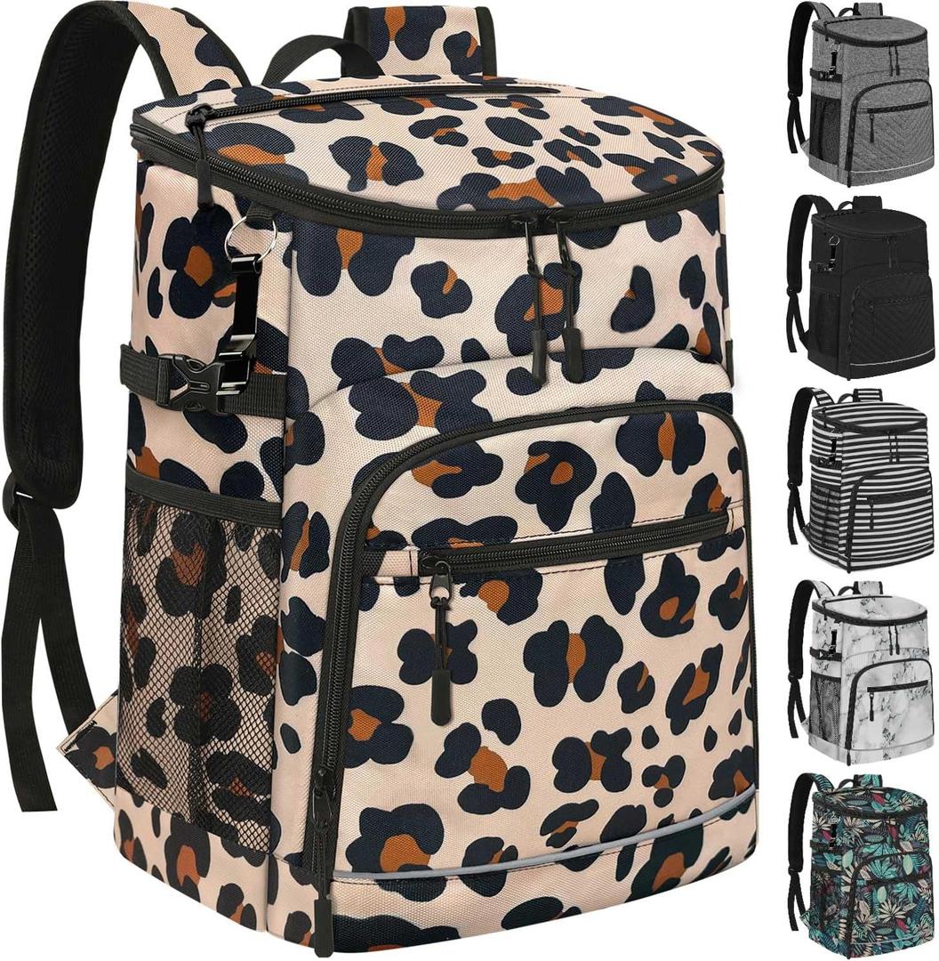 Cooler Backpack Insulated Leakproof Waterproof Backpack Cooler Bag 30/45 Cans, Large Capacity Lightweight Travel Camping Beach Backpack Cooler Ice Chest for Men and Women (leopard)